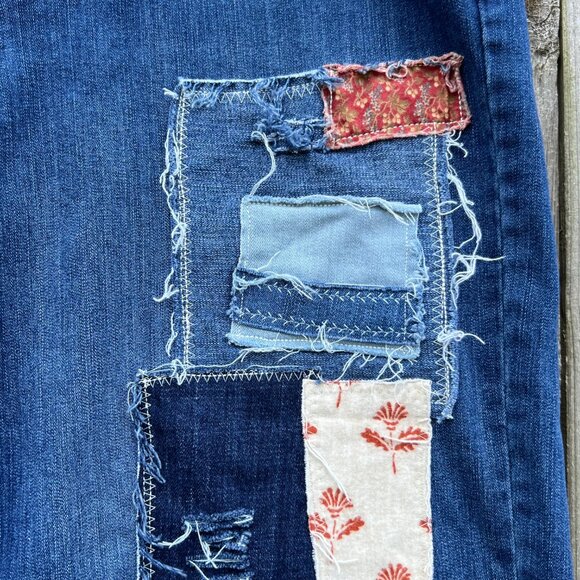 Upcycled Reworked Patched Hippie Boho Distressed Wide Leg Jeans size 20W - Picture 7 of 14